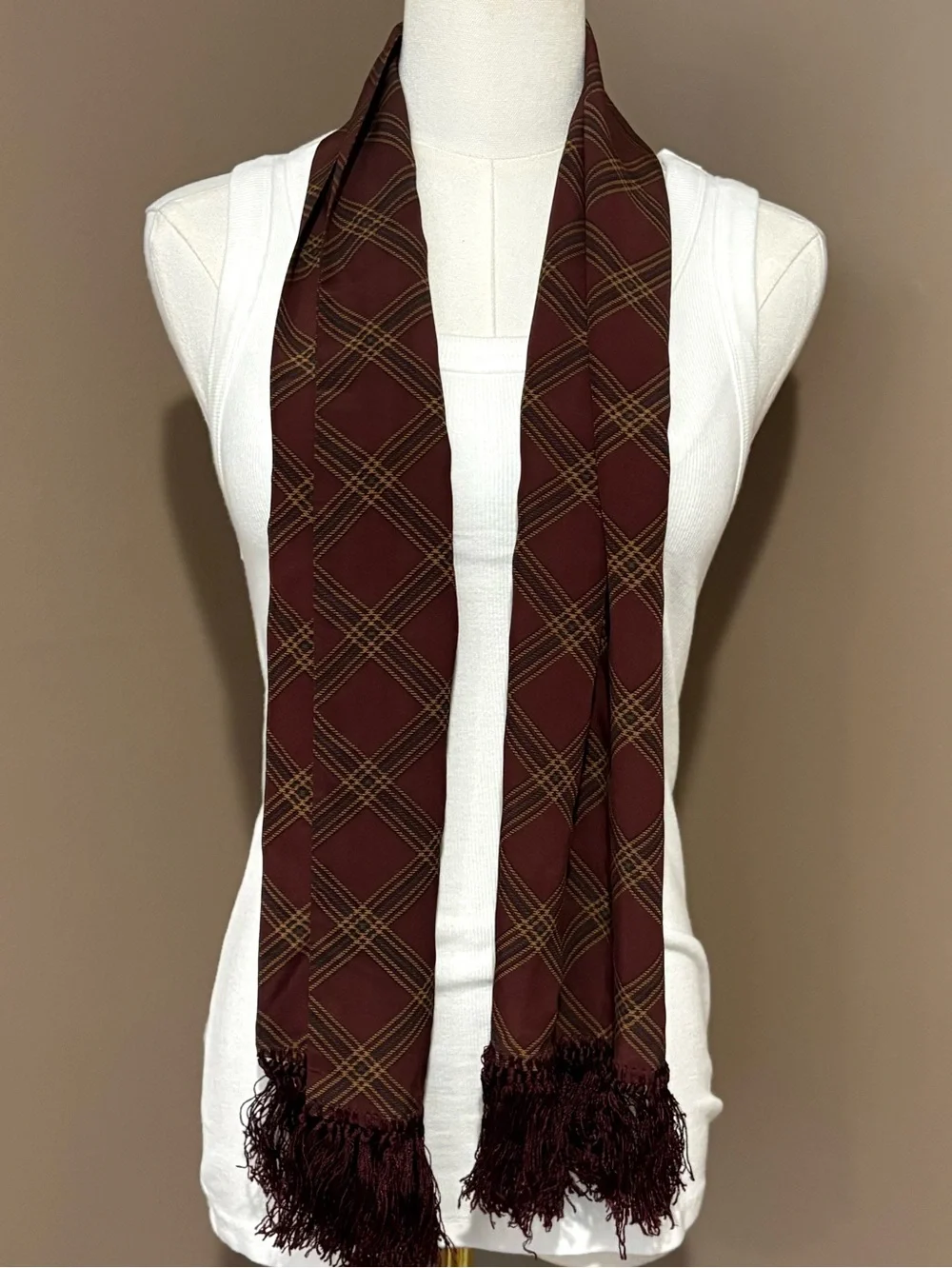 VTG DKNY Donna Karan New York 100% Silk Plaid Scarf Maroon Burgundy Fringe